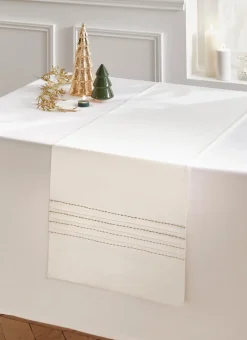 CHEMIN DE TABLE PLISSÉ BRODÉ FILS DORÉS BLANC
