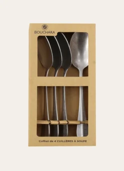 COFFRET DE 4 CUILLÈRES À SOUPE EN ACIER RÉTRO ARGENT