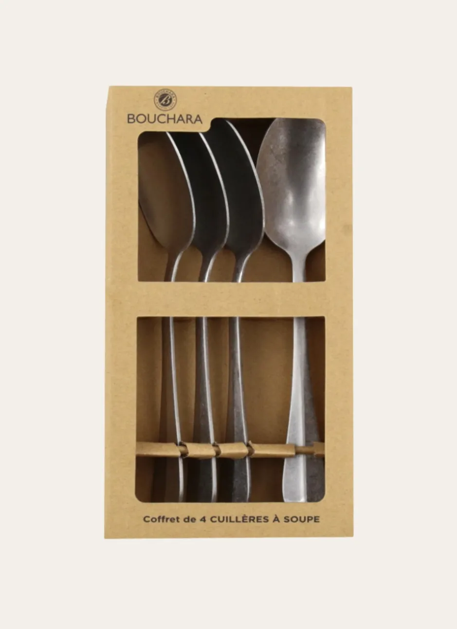 COFFRET DE 4 CUILLÈRES À SOUPE EN ACIER RÉTRO ARGENT
