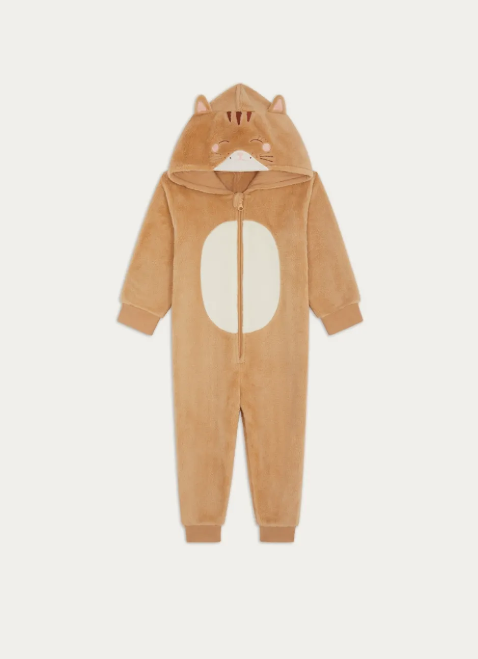 COMBINAISON ZIPPÉE EN POLAIRE AVEC CHAT BRODÉE BEIGE