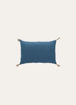COUSSIN EN COTON UNI AVEC POMPONS EN JUTE BLEU