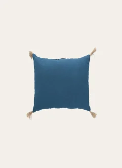 COUSSIN EN COTON UNI AVEC PETITS POMPONS BLEU