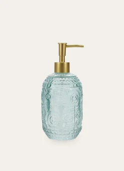 DISTRIBUTEUR DE SAVON EN VERRE GRAVURES DE FLEURS BLEU CLAIR