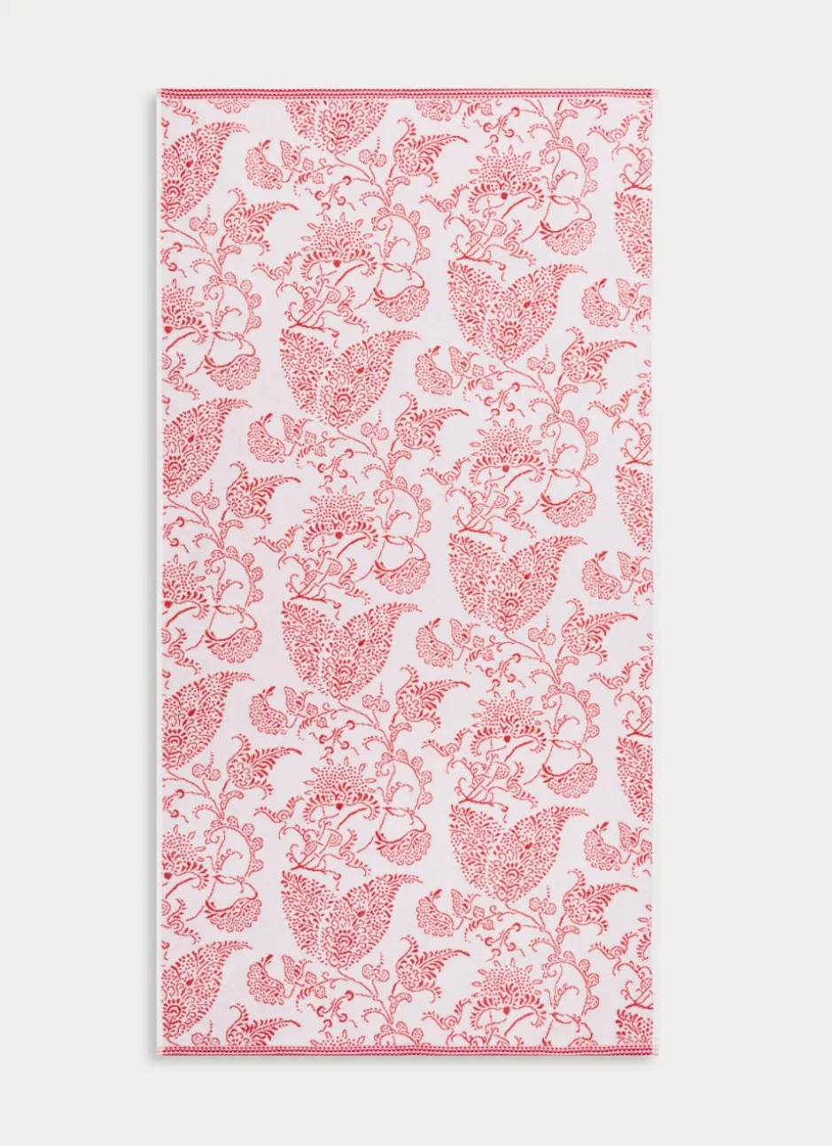 DRAP DE DOUCHE JACQUARD MOTIF FLORAL ORIANE ÉCRU / CORAIL