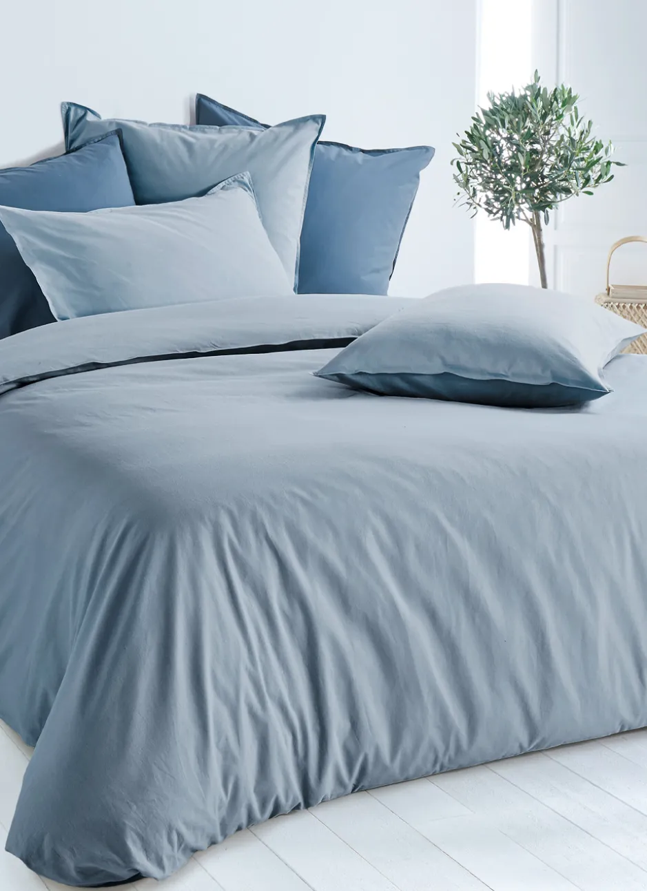 DRAP HOUSSE UNI EN COTON LAVÉ BIO BLEU
