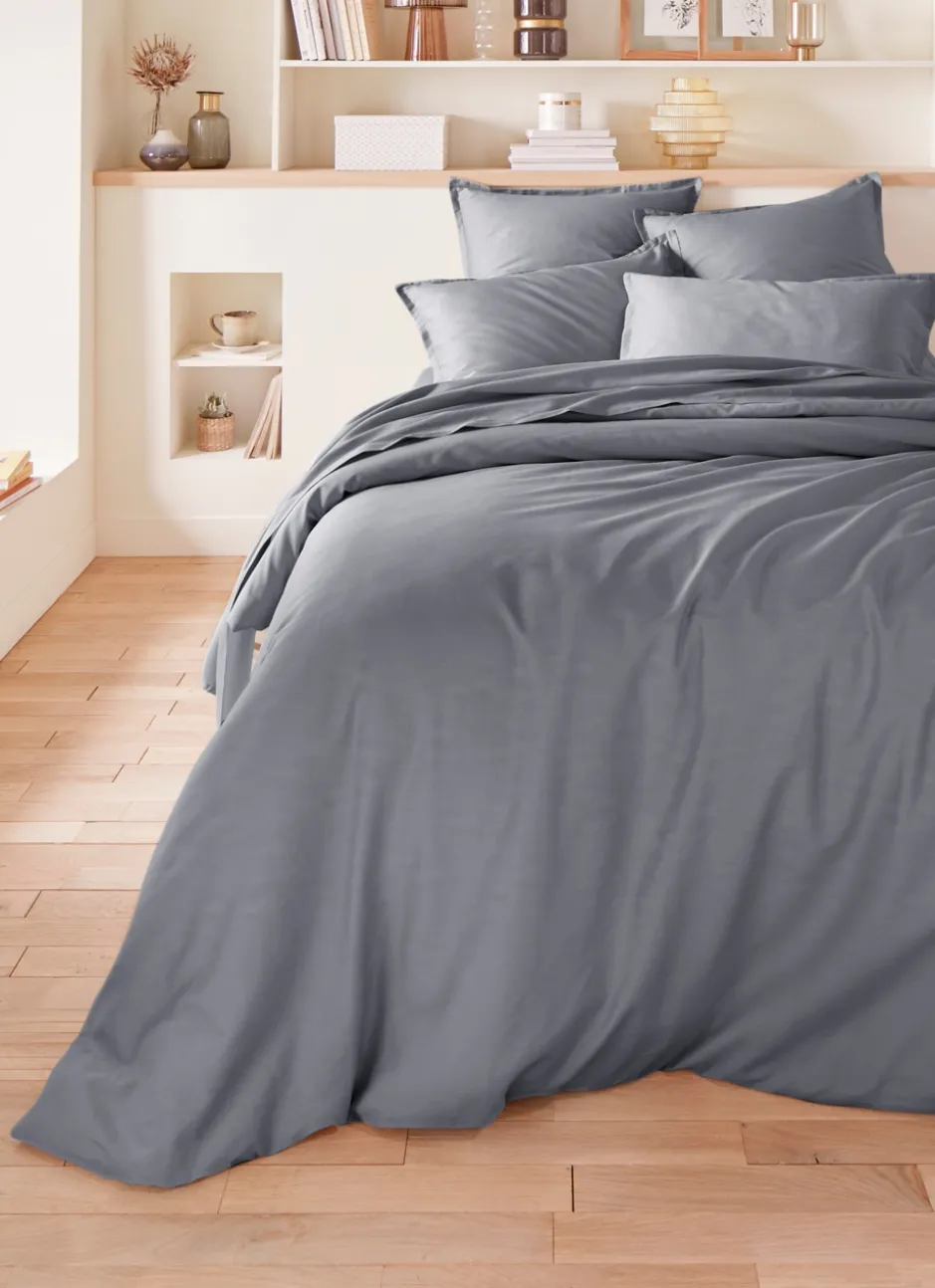 HOUSSE DE COUETTE EN SATIN DE COTON PEIGNÉ UNI ARDOISE
