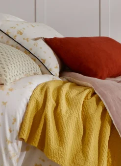 JETÉ DE LIT EN COTON LAVÉ NID D'ABEILLE MOUTARDE