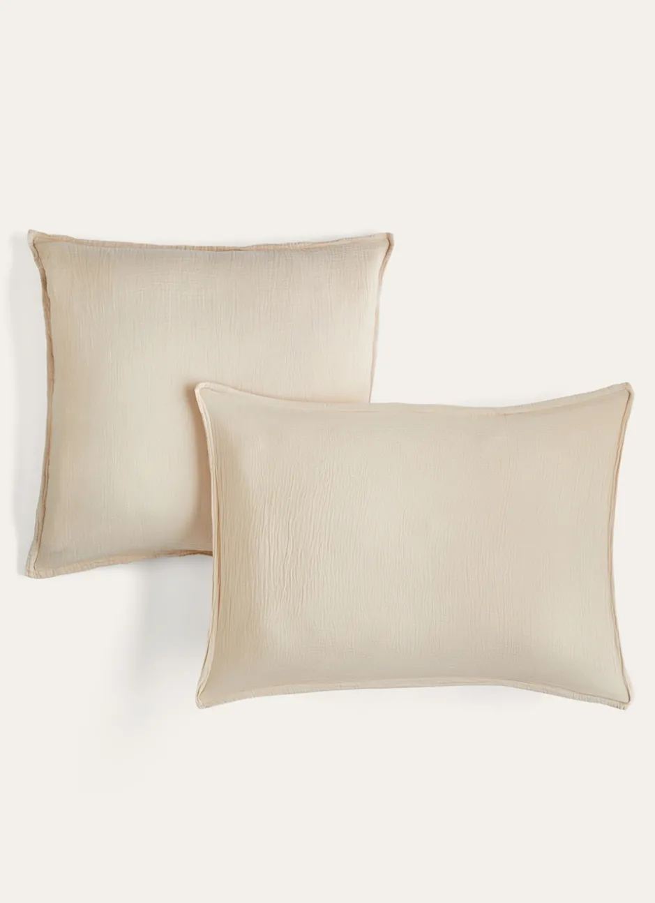 LOT DE 2 TAIES D'OREILLER DOUBLE GAZE DE COTON SABLE