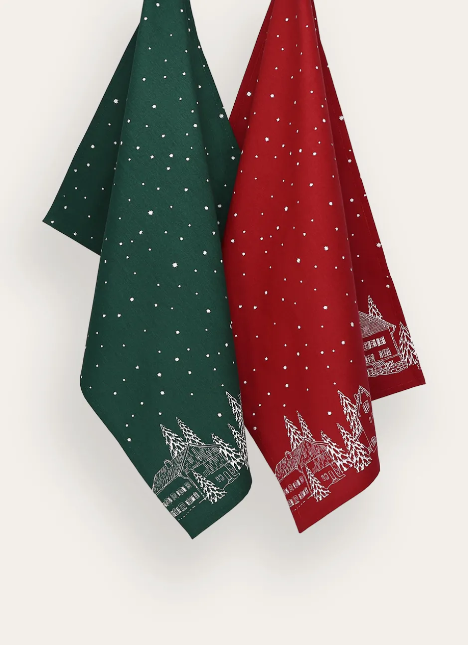 LOT DE 2 TORCHONS EN COTON IMPRIMÉ MAISONS MULTICOLORE
