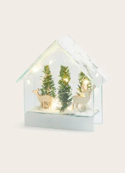 MAISON LUMINEUSE AVEC SAPIN ET CERF TRANSPARENT