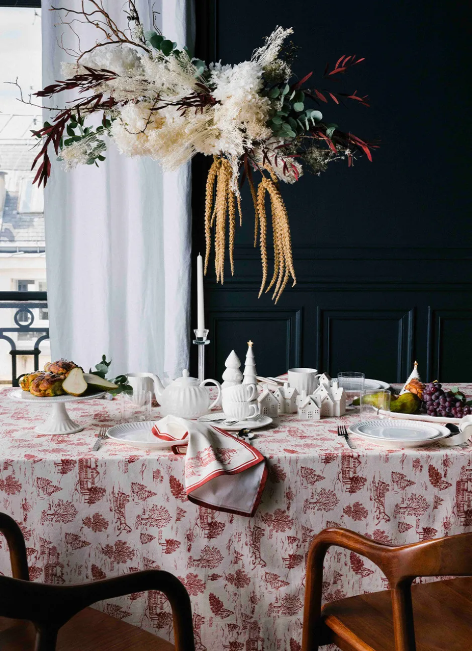 NAPPE EN COTON ANTI-TACHE SCÈNES D'HIVER NATUREL/ROUGE