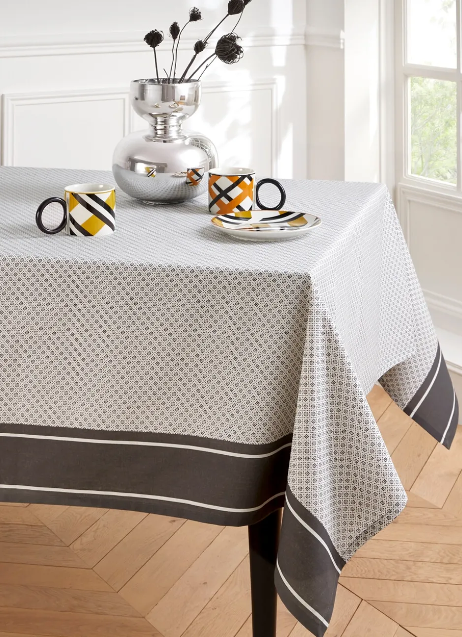 NAPPE EN COTON ENDUITE MOTIF FANTAISIE BLANC/GRIS