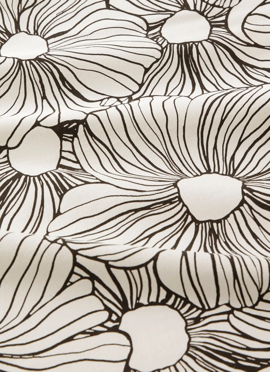 NAPPE EN TWILL DE COTON IMPRIMÉ FLEURS ANTI-TACHES BLANC NOIR