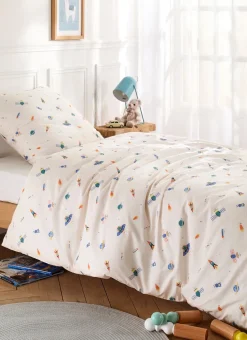 PARURE DE LIT BÉBÉ EN PERCALE MOTIF SPATIAL BLANC