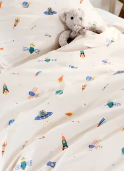 PARURE DE LIT ENFANT EN PERCALE MOTIF SPATIAL BLANC