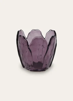 PHOTOPHORE EN VERRE COLORÉ FORME PÉTALES DE FLEUR PRUNE
