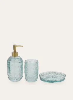 PORTE-SAVON EN VERRE COLORÉ GRAVURES DE FLEURS BLEU CLAIR