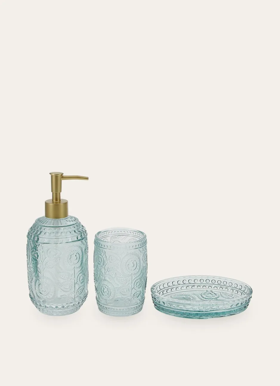 PORTE-SAVON EN VERRE COLORÉ GRAVURES DE FLEURS BLEU CLAIR