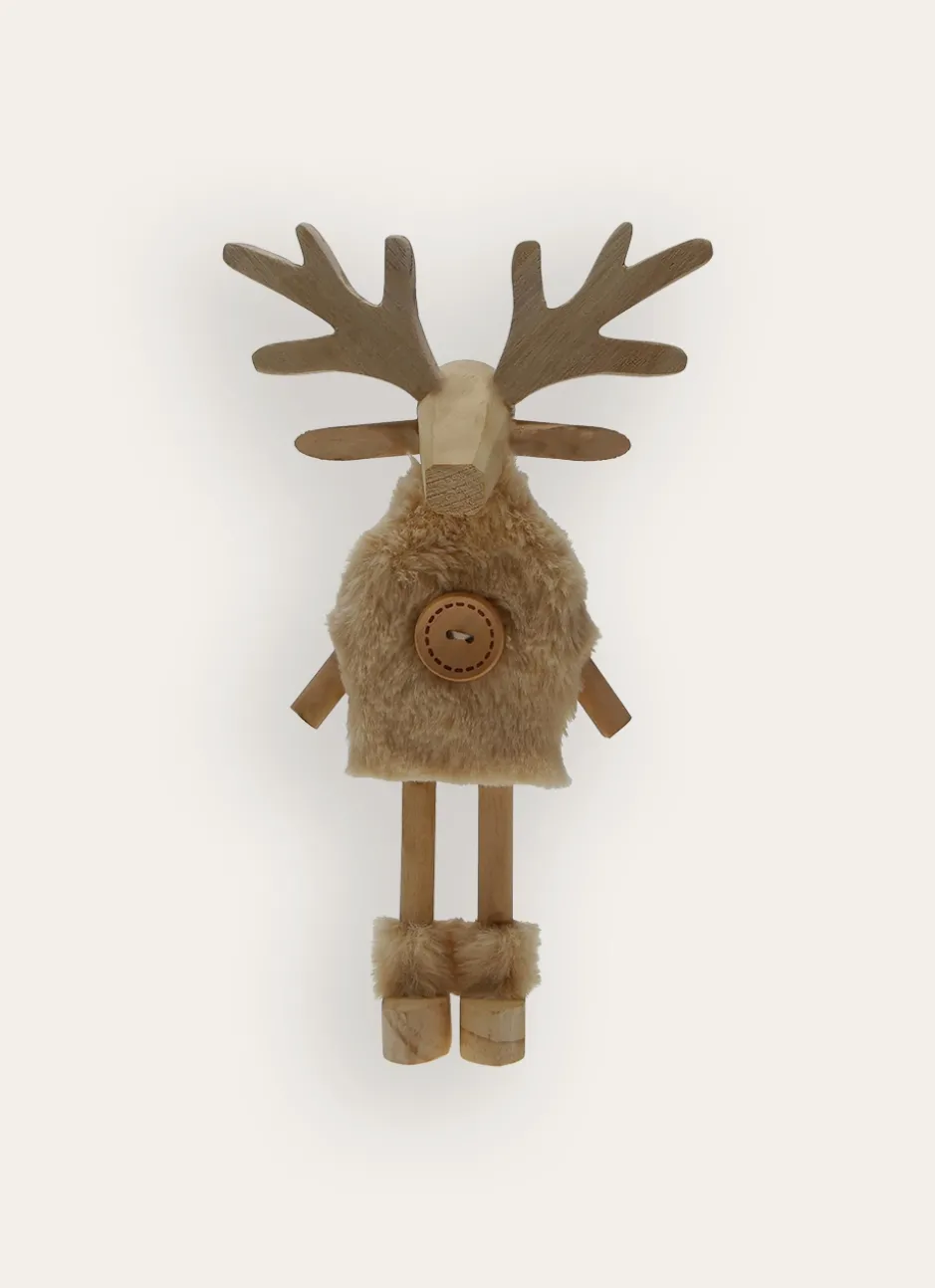 RENNE À POSER EN BOIS ET FAUSSE FOURRURE BEIGE
