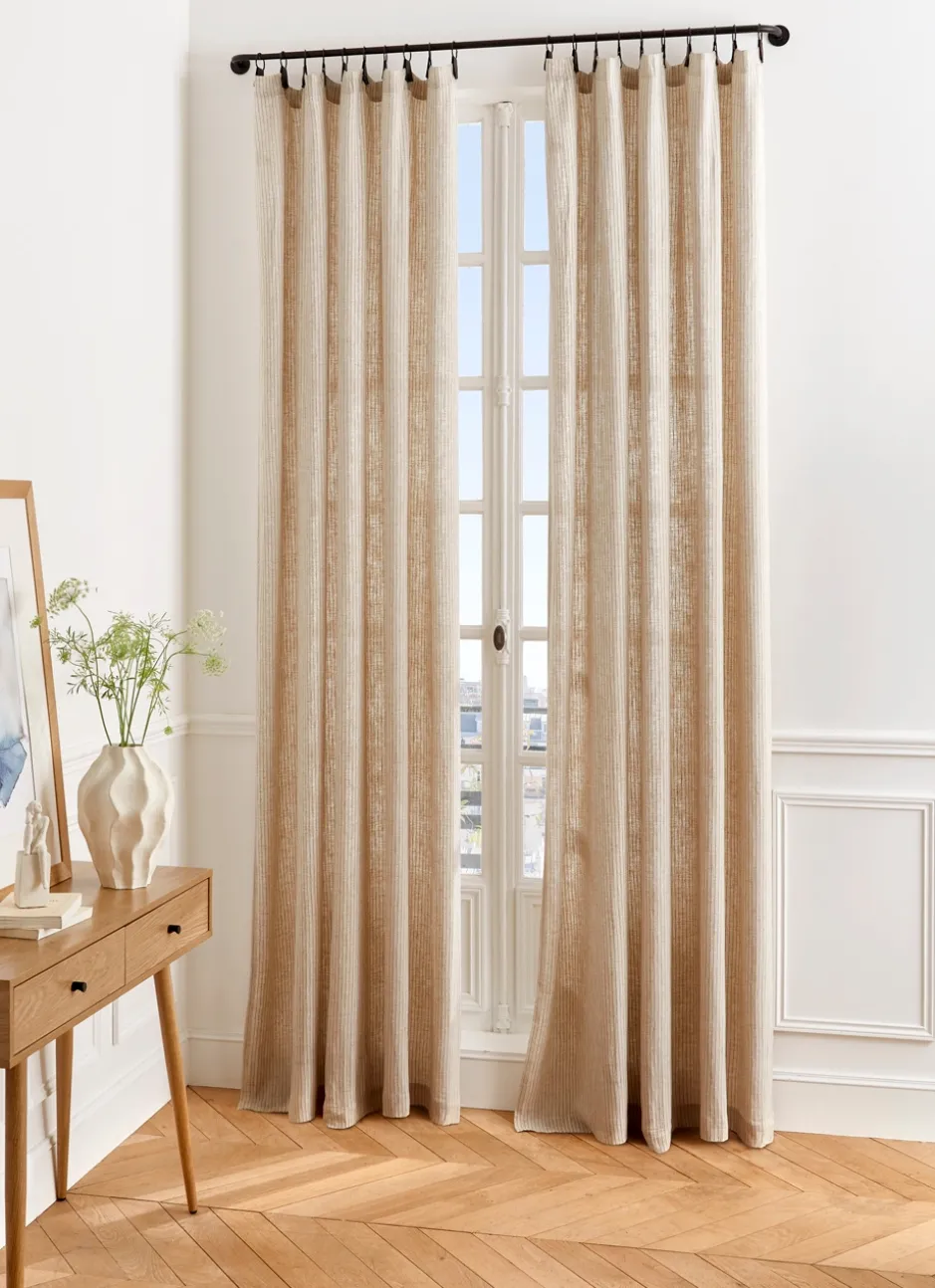 RIDEAU À RAYURES VERTICALES FINITION CUIR ET MÉTAL BEIGE