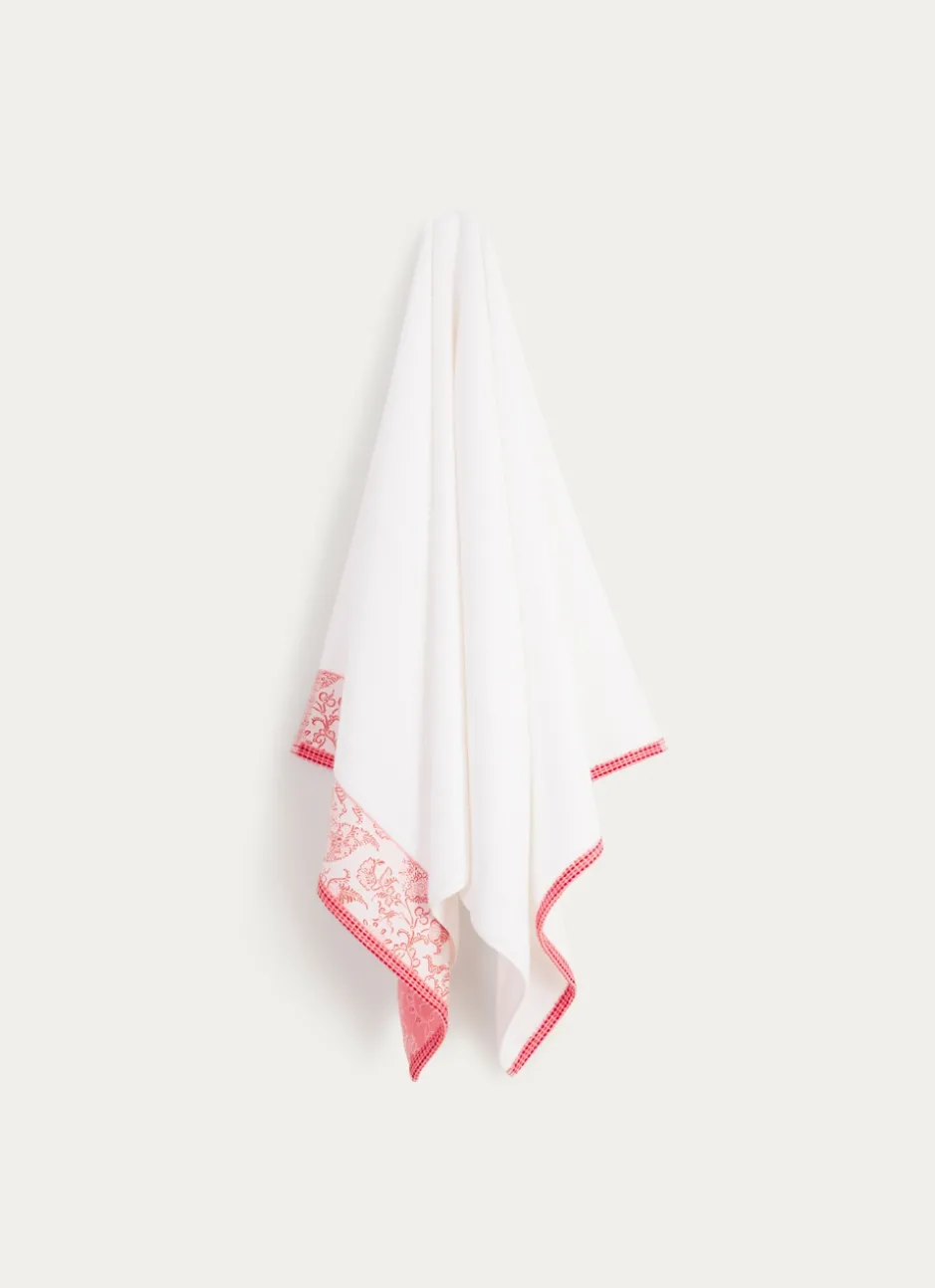 SERVIETTE DE TOILETTE EN JACQUARD MOTIF FLORAL ÉCRU/ROSE