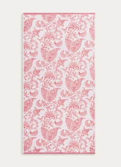 SERVIETTE DE TOILETTE JACQUARD MOTIF FLORAL ORIANE BLANC / CORAIL