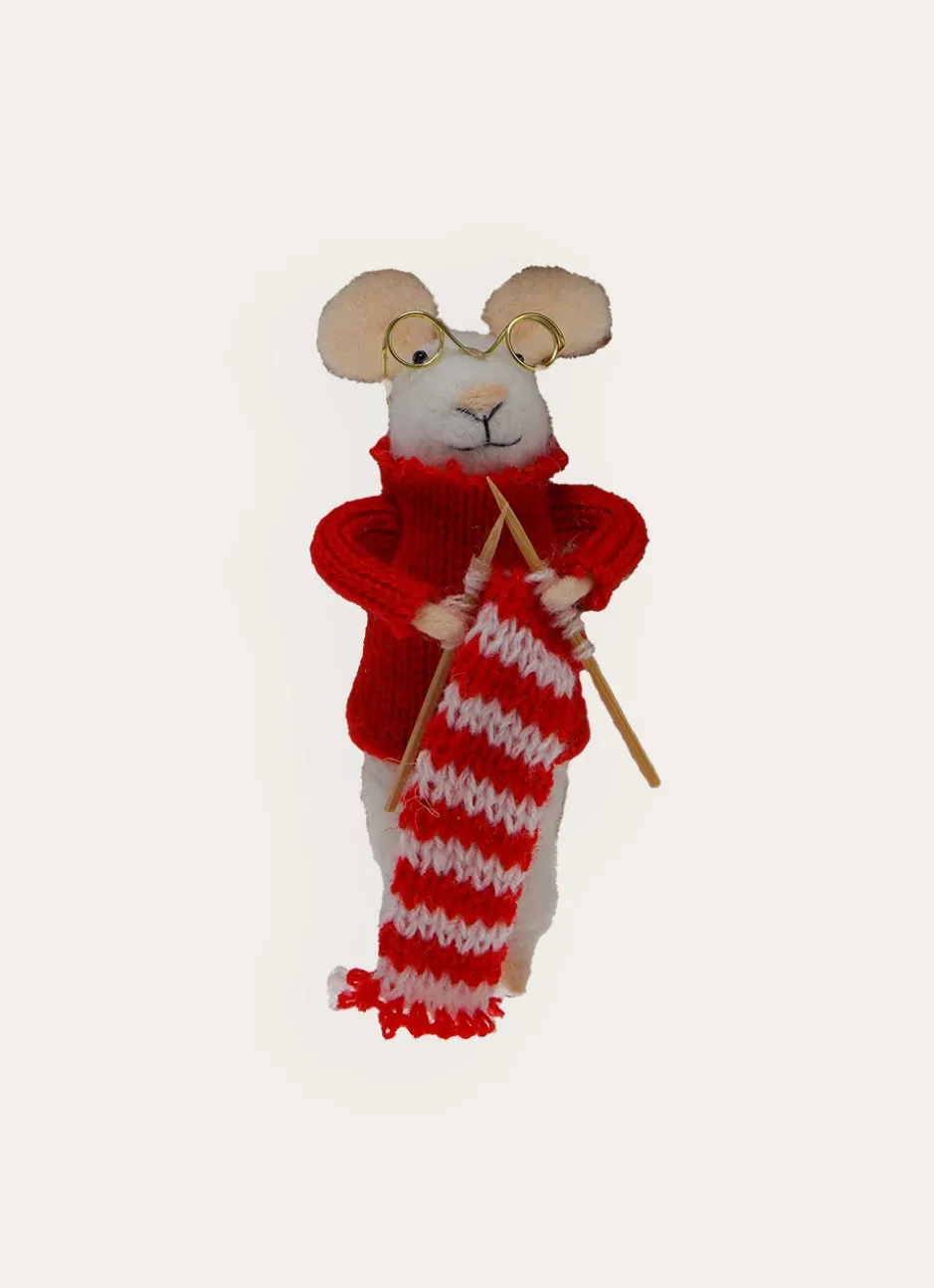 SUSPENSION SOURIS EN FEUTRINE TRICOTEUSE ROUGE
