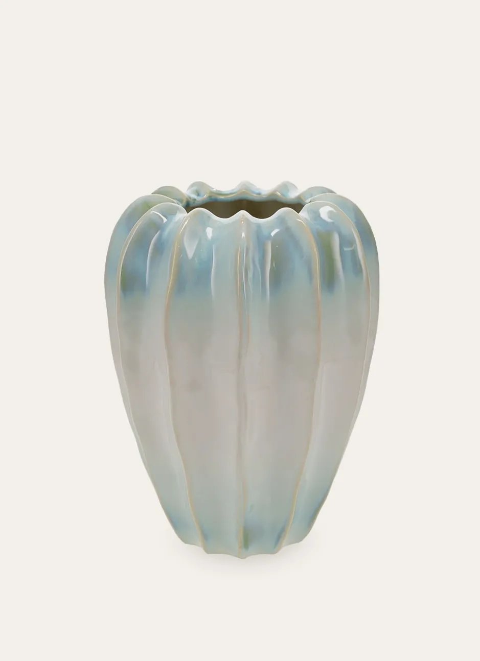 VASE EN GRÈS ÉMAILLÉ RELIEFÉ BULBE ECRU/BLEU