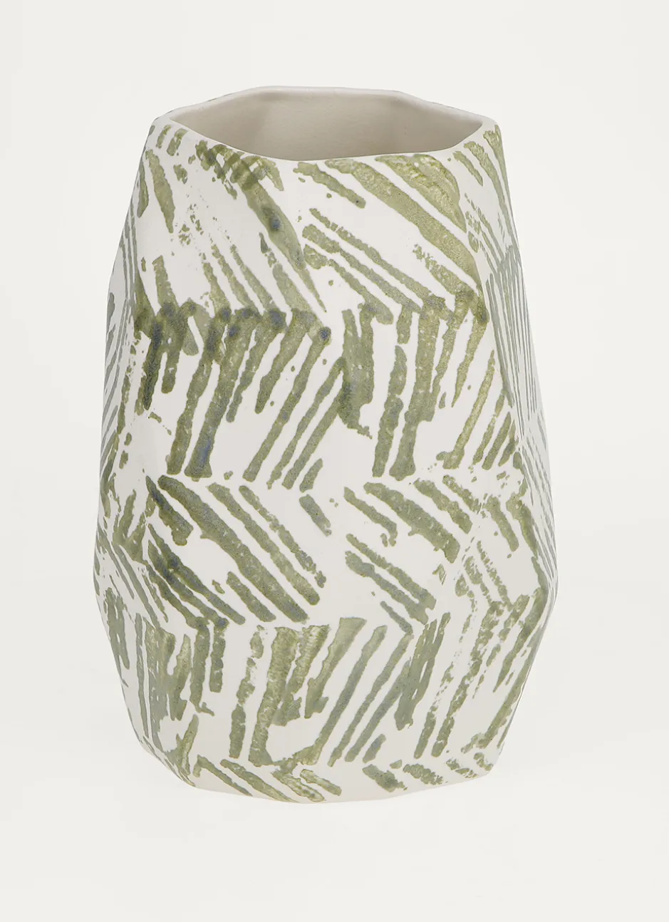 VASE MULTIPLES FACETTES EN FAIENCE BLANC/VERT
